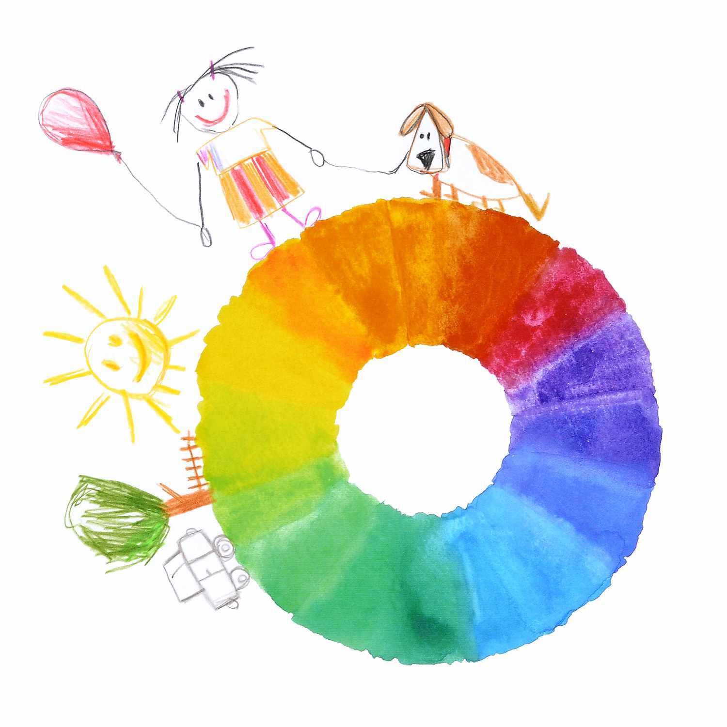 Farbkasten Connector 24 Farben von Faber Castell: Buntstiftzeichnung mit Regenbogenkreis, Kind und Hund.
