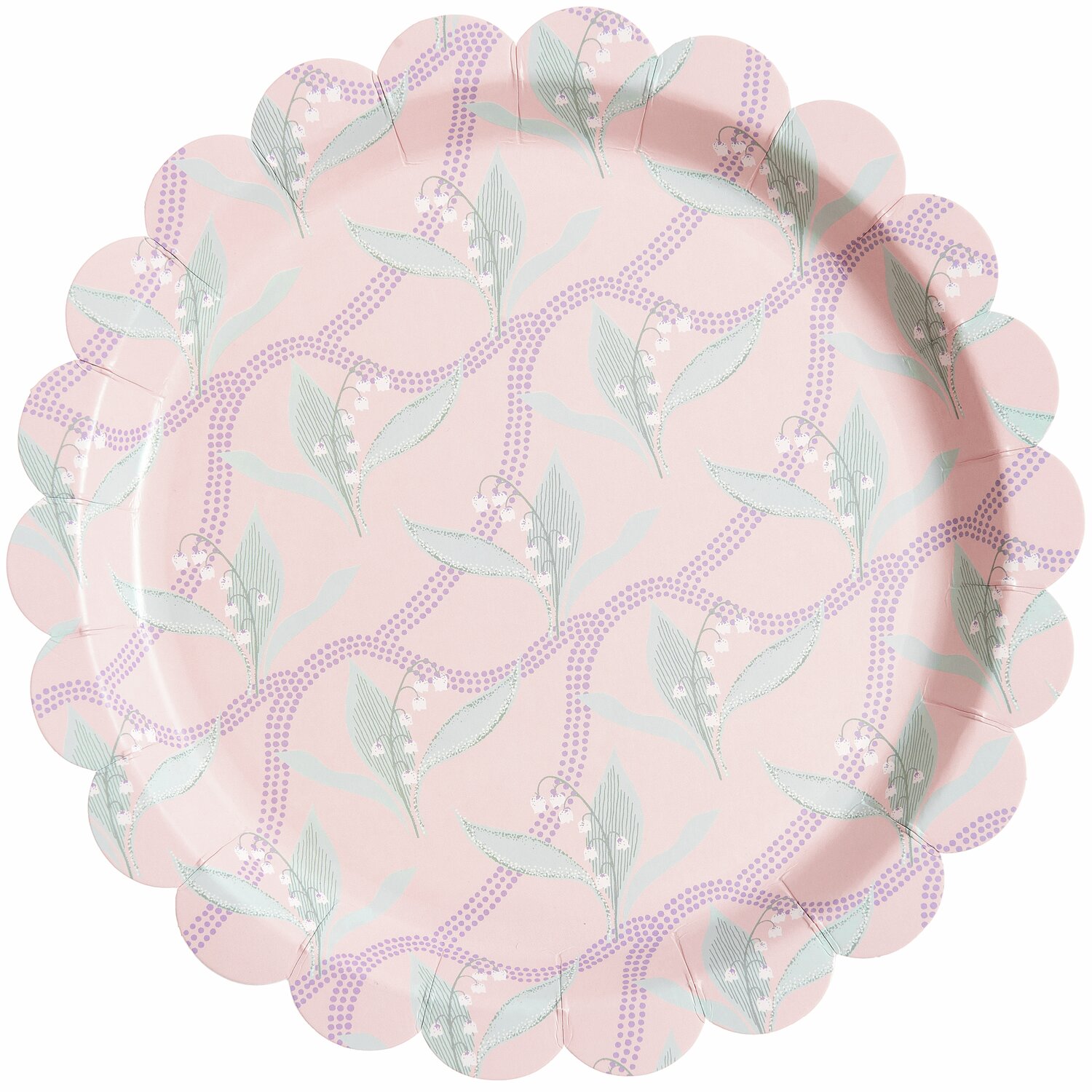 Pappteller Schneeglöckchen 8 Stück, Ø23cm, pastellrosa mit floralen Mustern von Rico Design. Ideal für Frühlingsfeiern und Dekorationen.
