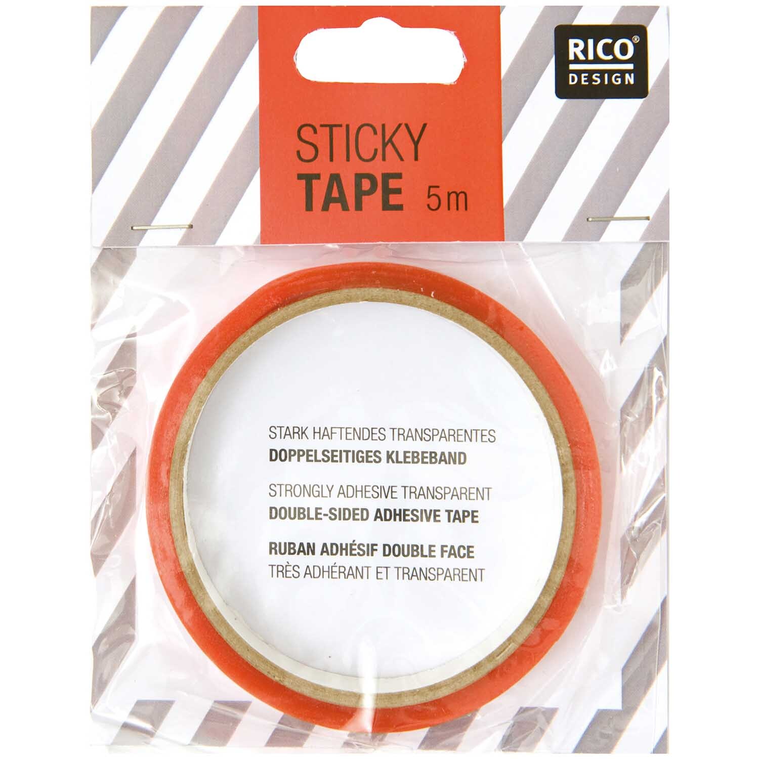 Sticky Tape 5m von Rico Design, doppelseitiges Klebeband in transparenter Verpackung mit rotem Rand.