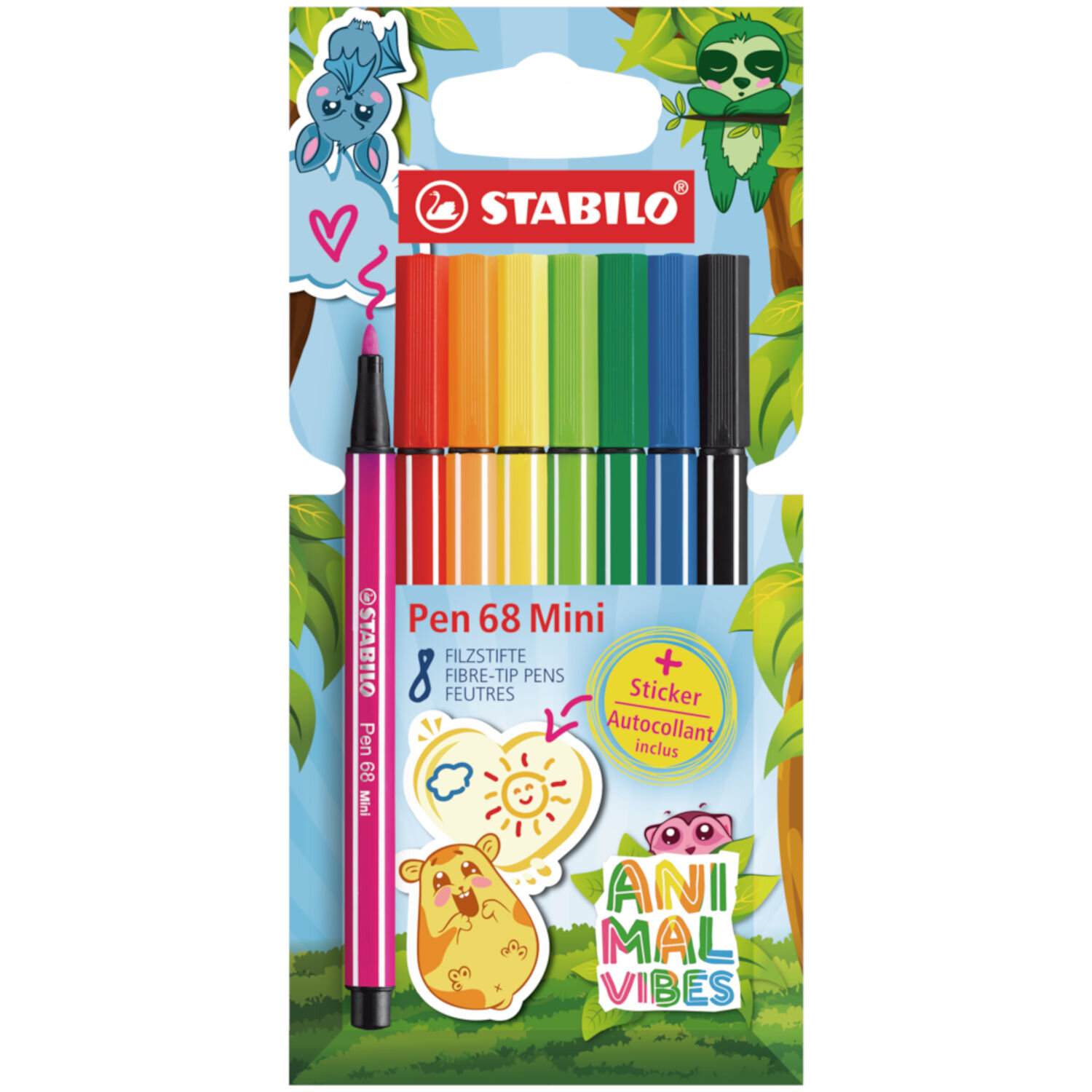 STABILO Pen 68 Mini Animal Vibes Set 8 Stück, bunte Filzstifte in kompakter Kartonverpackung mit Tiermotiven und beiliegenden Stickern für kreatives Malen