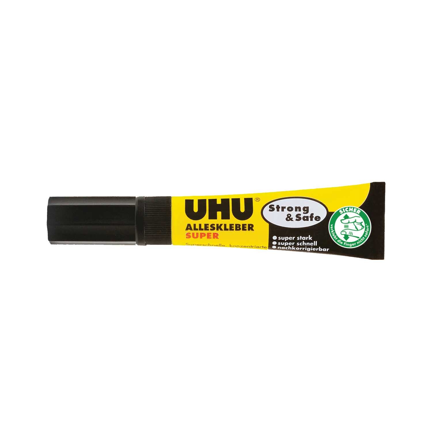 Alleskleber Super Strong & Safe 7g von UHU in einer schwarzen und gelben Tube mit Sicherheitslogo.