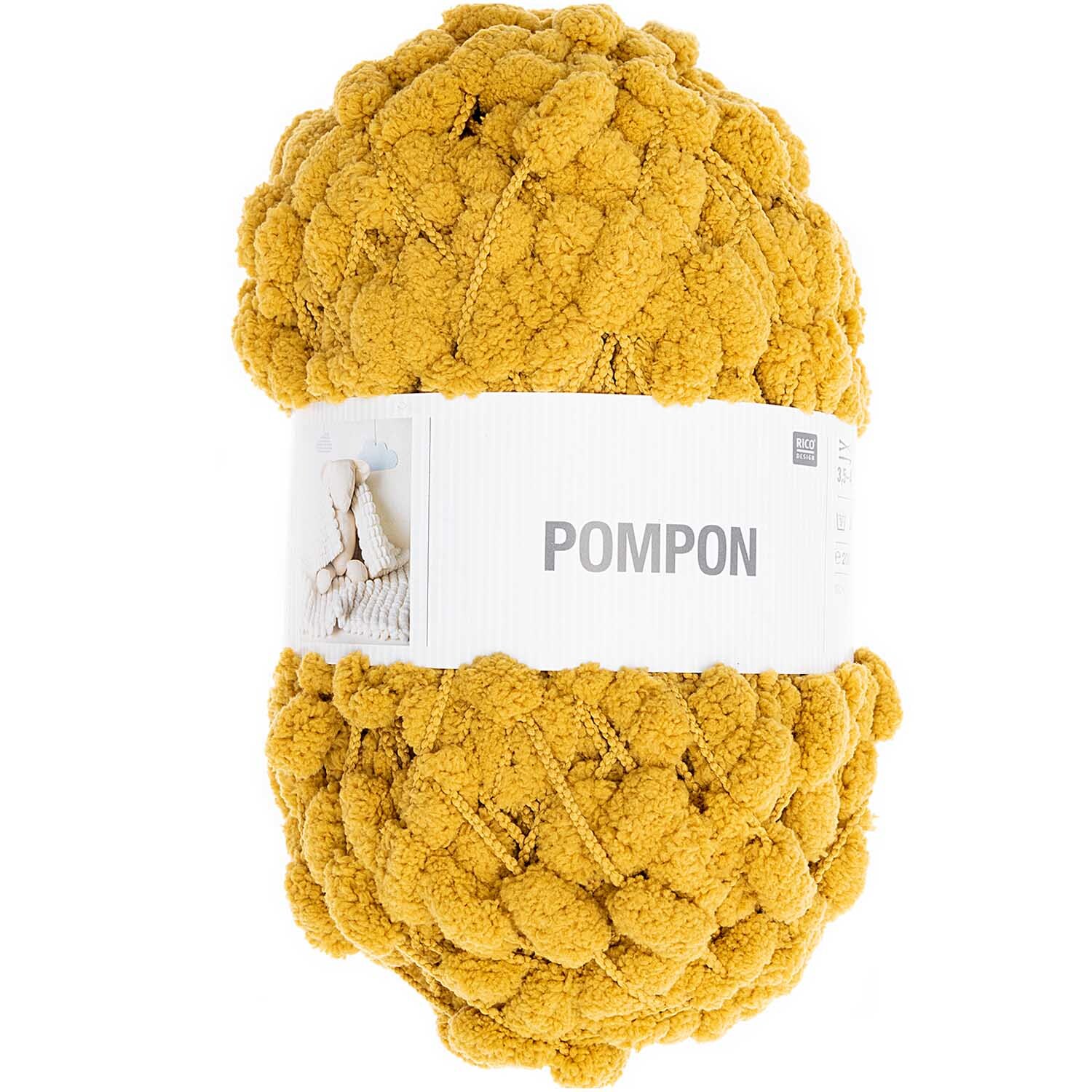 Pompon: Weiches, senffarbenes Garn von Rico Design, ideal für kreative Strickprojekte.