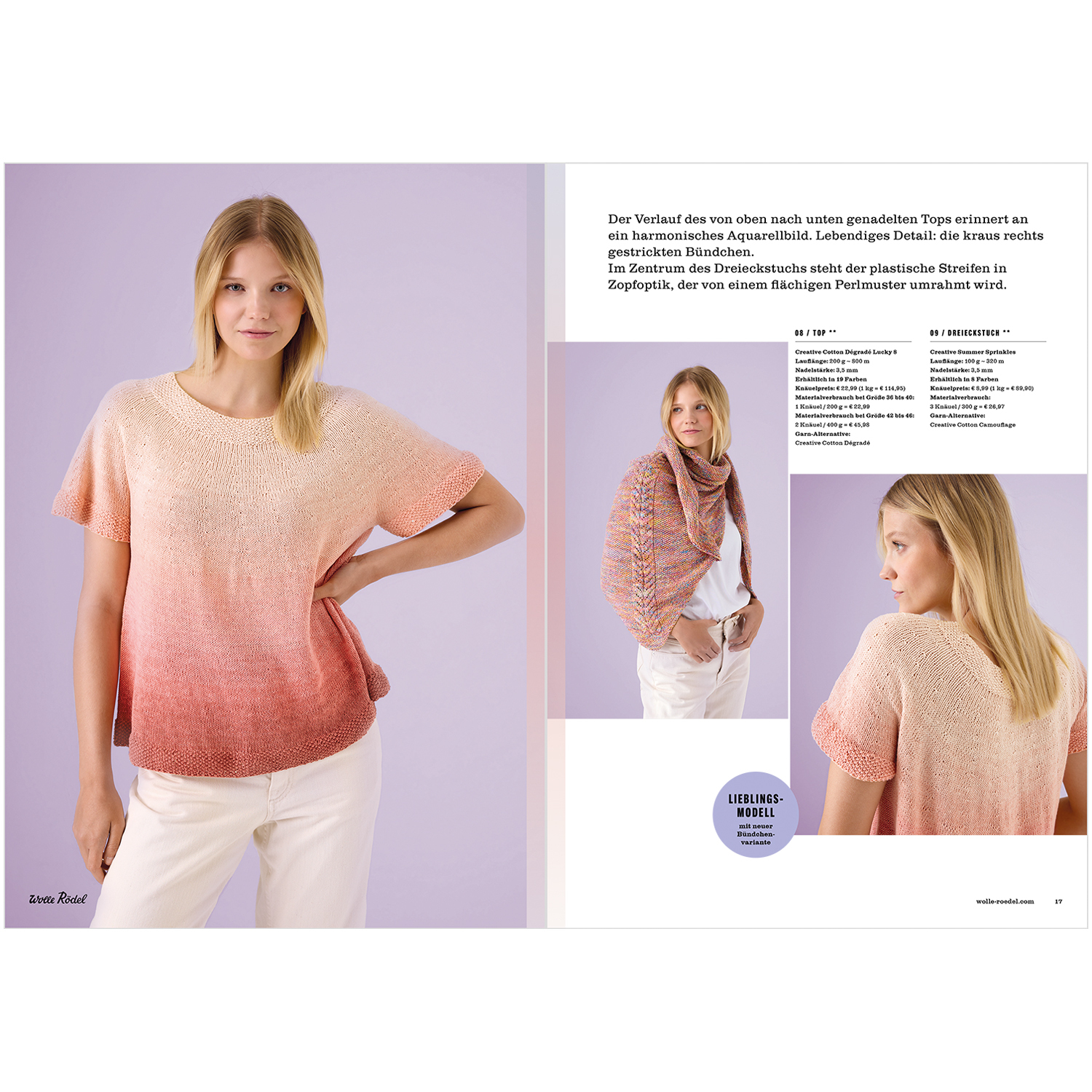 Die Neue Masche No. 6 Frühjahr-Sommer: Strickpullover in sanftem Farbverlauf von Rosa zu Weiß, präsentiert von Wolle Rödel.