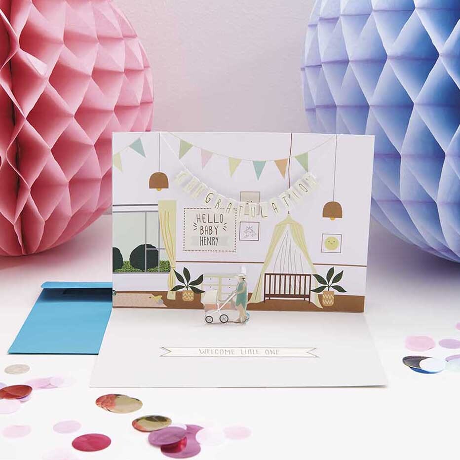 Figurico Gelsticker Hello Baby: Glückwunschkarte mit pastellfarbenen Motiven und Dekorationen.