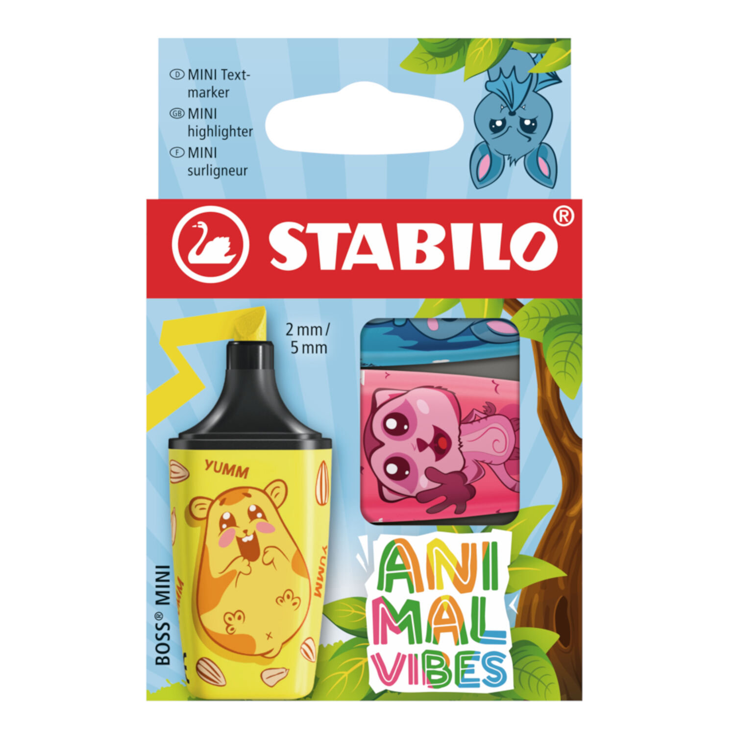 STABILO Boss Mini Animal Vibes Set 3 Stück, bunte Mini-Textmarker mit Tiermotiven in Blisterverpackung, ideal zum farbigen Markieren und kreativen Gestalten