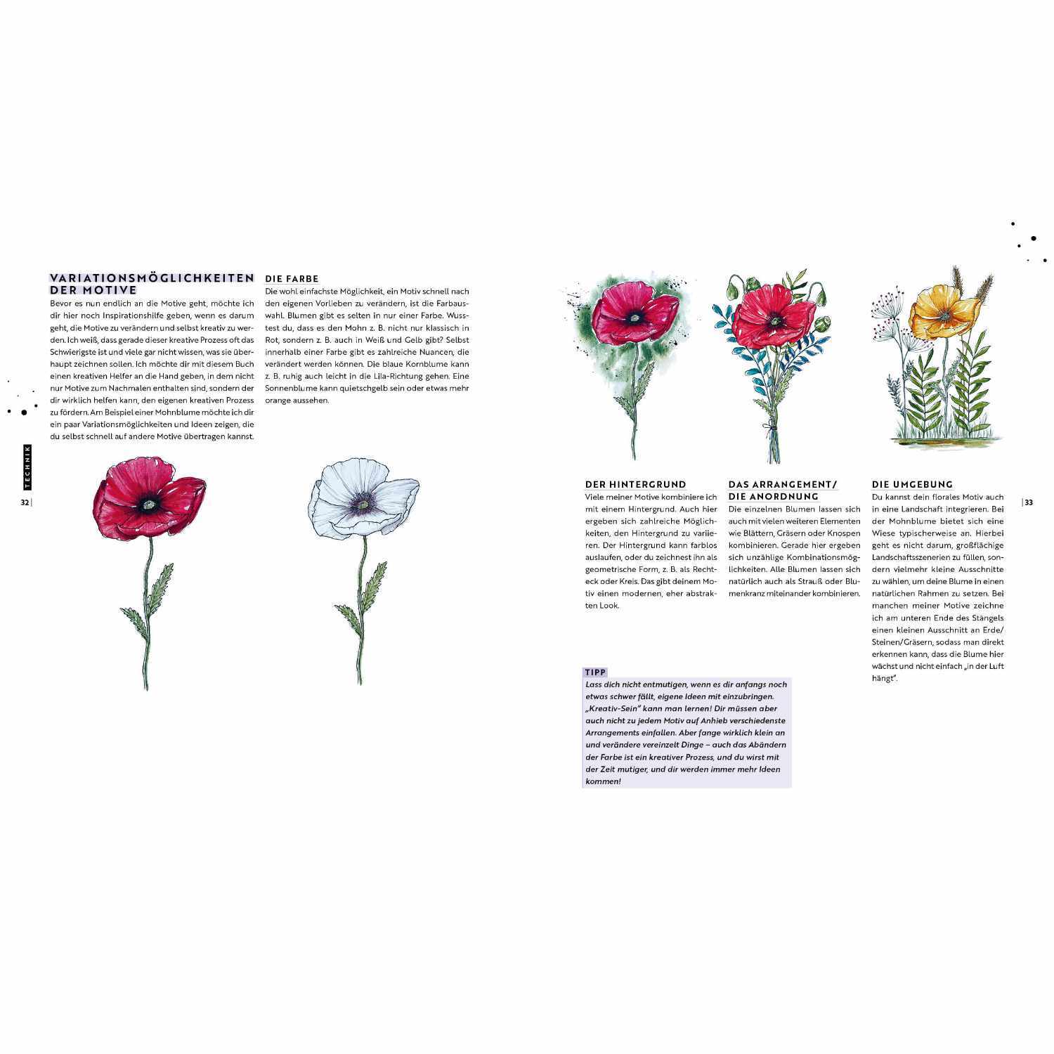 Watercolor - Florale Motive Around The World: Vier Aquarellblumen in Rot, Weiß und Gelb auf weißem Hintergrund, illustriert von EMF.
