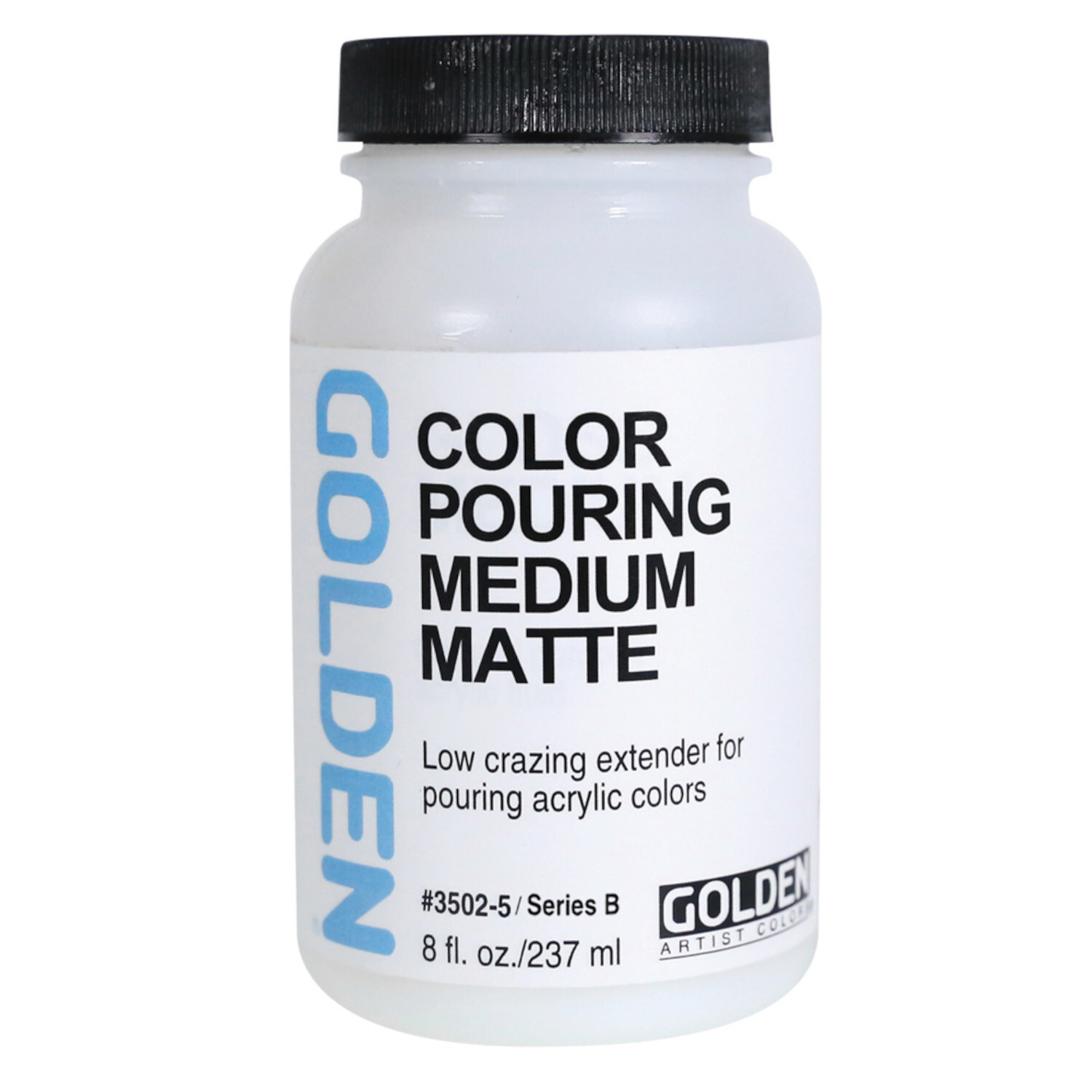 Golden Color Pouring Medium Matt, 237ml Flasche, ideal für Acrylfarben, mit schwarzem Deckel.