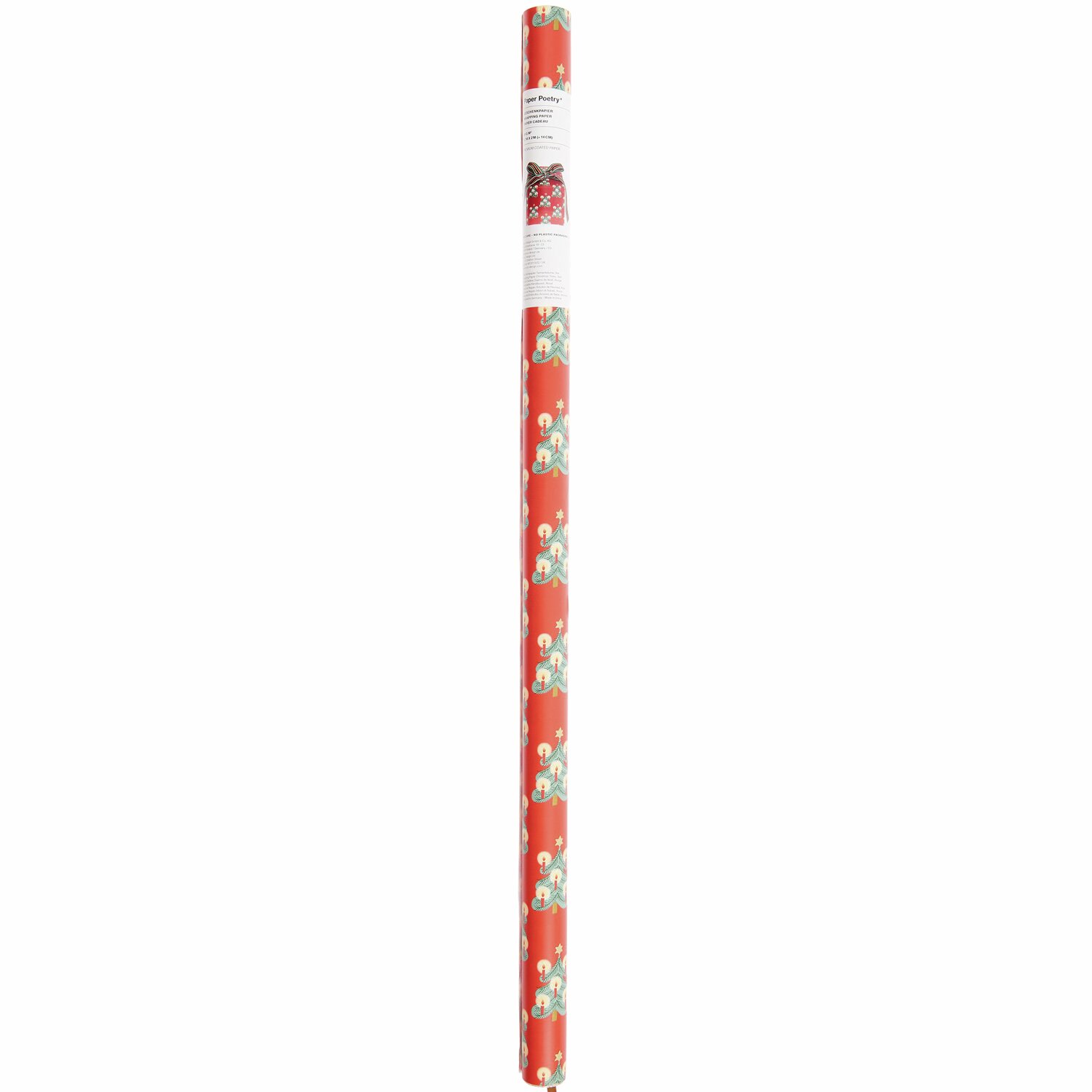 Geschenkpapierrolle mit weihnachtlichem Bärenmuster auf rotem Hintergrund, ideal zum Verpacken von Geschenken.