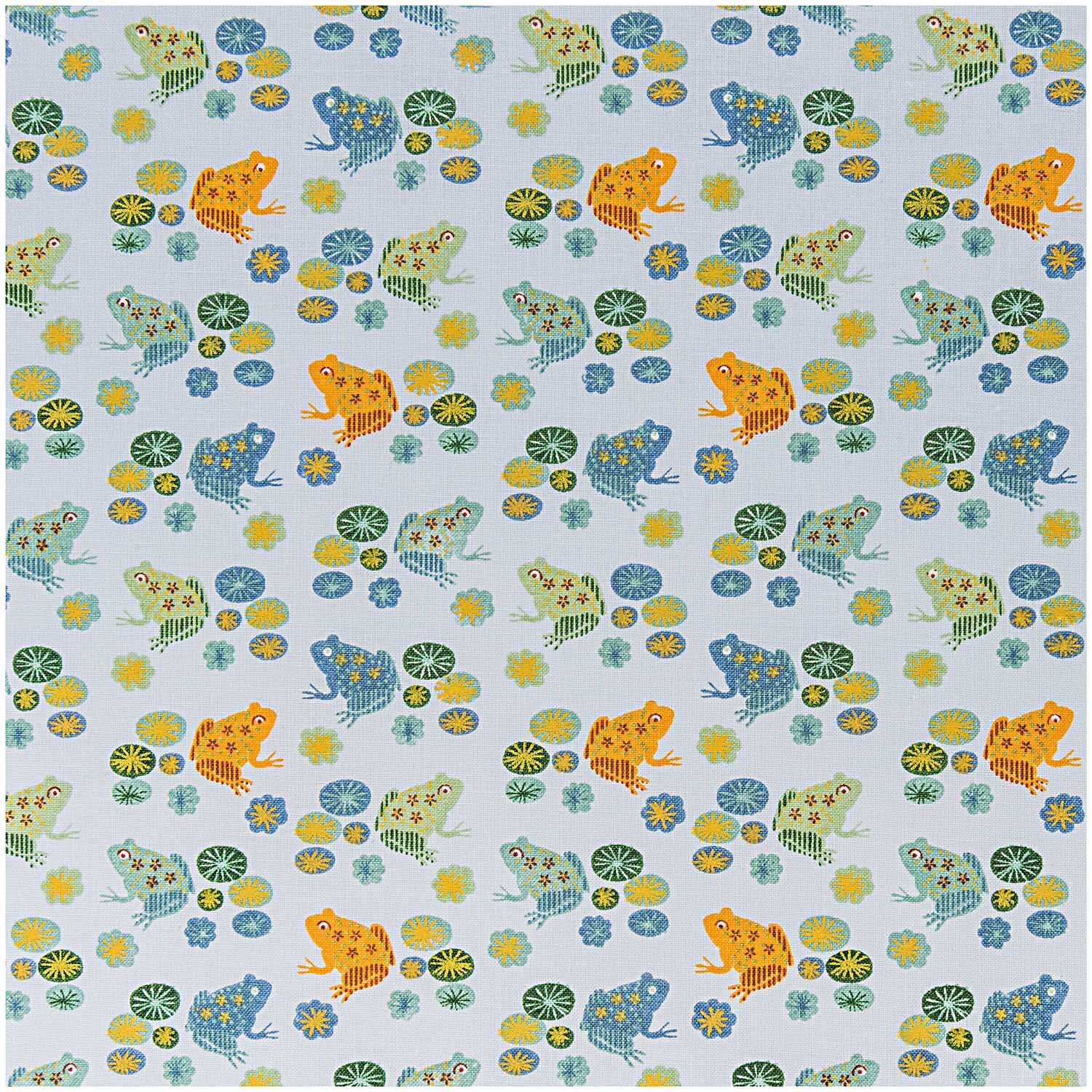 Stoff Frösche 50x160cm: Bunter Stoff mit Frosch- und Seerosenmuster von Rico Design, ideal für kreative Projekte.