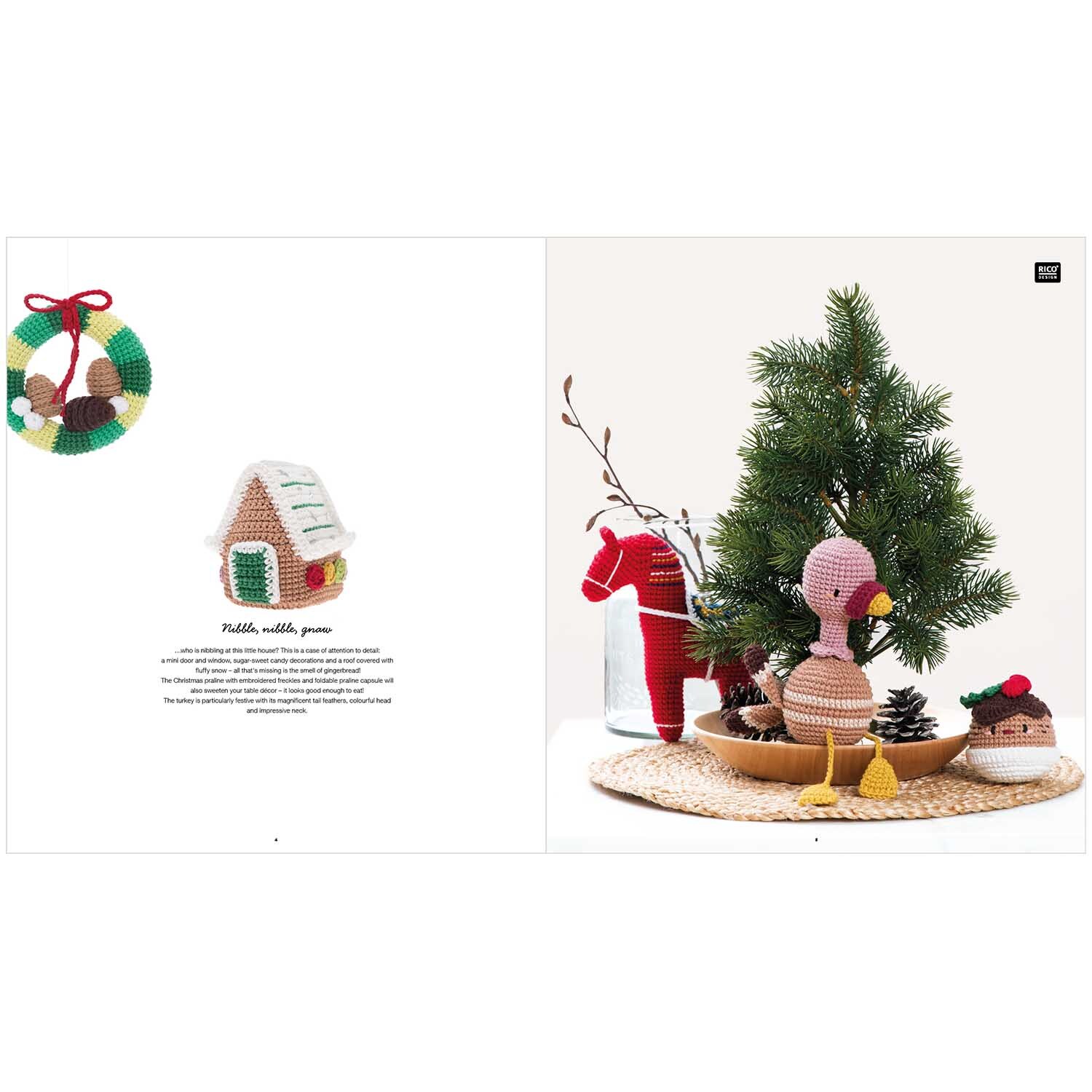 Ricorumi Christmas englisch: Weihnachtliche Häkeldekorationen mit Tannenbaum, Rentier und Lebkuchenhaus von Rico Design.