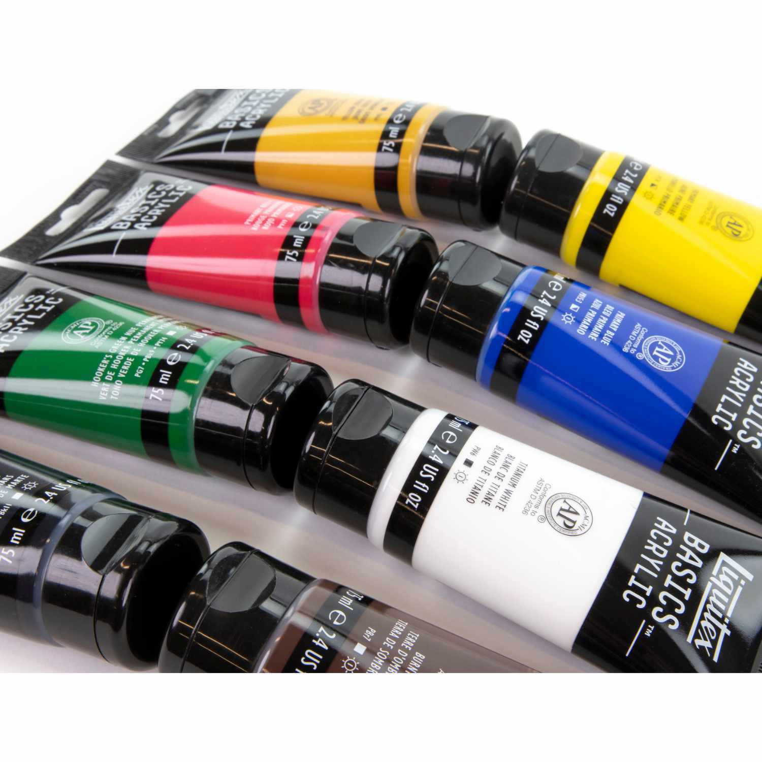 Basics Acrylfarben Set 8x75ml zeigt acht bunte Liquitex-Farbtuben in verschiedenen Farben auf weißem Hintergrund.
