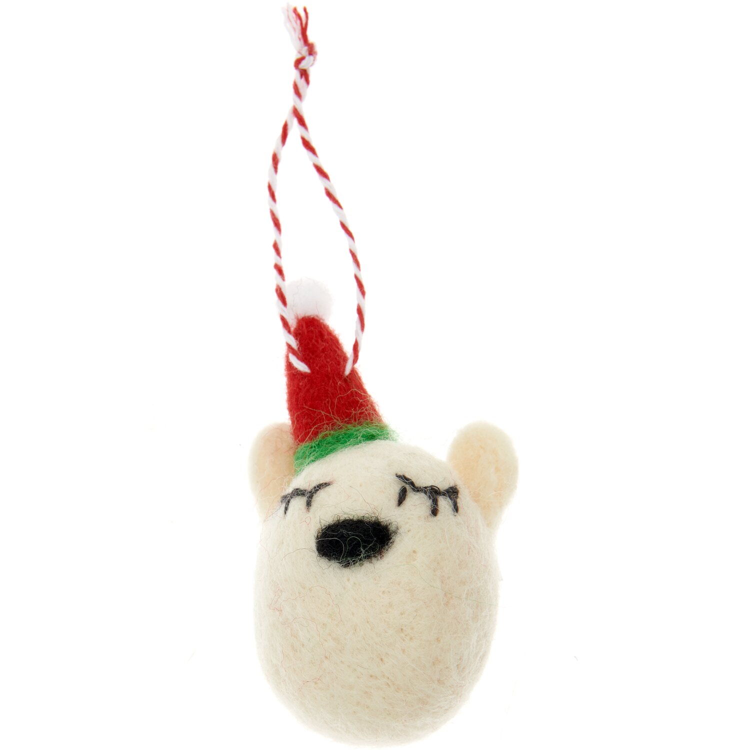 Filzbär mit Weihnachtsmütze Weiß, 8x4x4cm. Niedlicher Anhänger aus Filz mit roter Mütze, ideal für festliche Dekorationen.