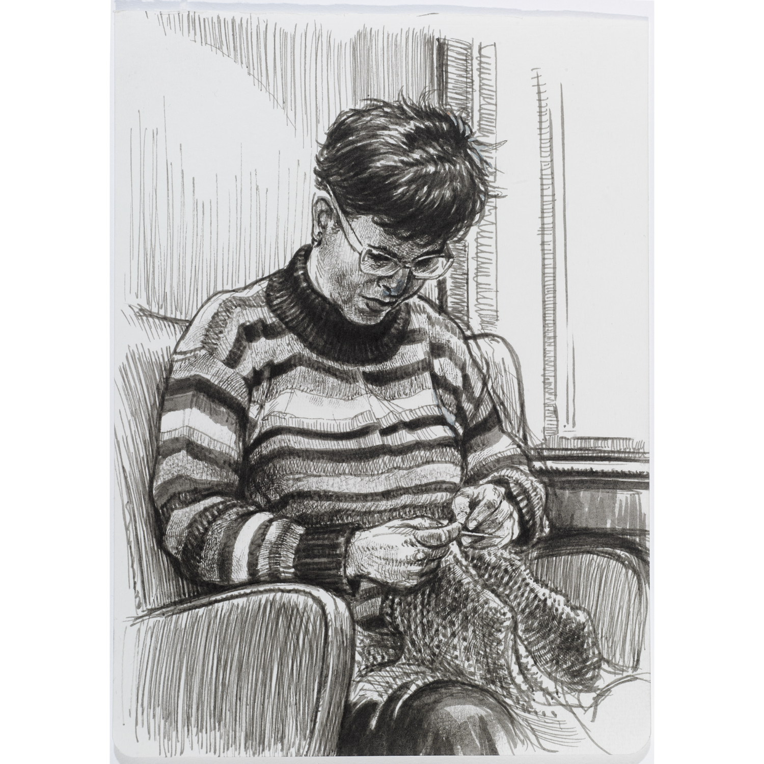 Pitt Artist Pen Tuschestift Set: Zeichnung einer Person beim Stricken in einem gestreiften Pullover.