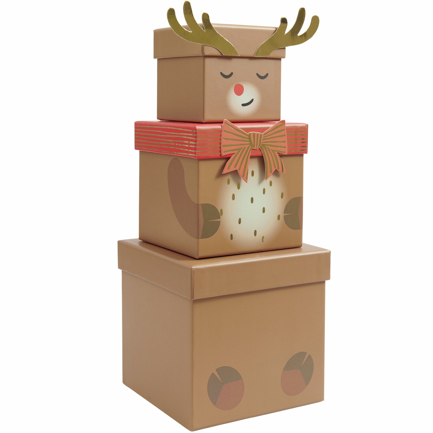 Geschenkboxen-Set Rentier, 5-teilig, von Rico Design. Stapelbare Boxen in Rentier-Optik mit Schleife. Ideal für festliche Anlässe.