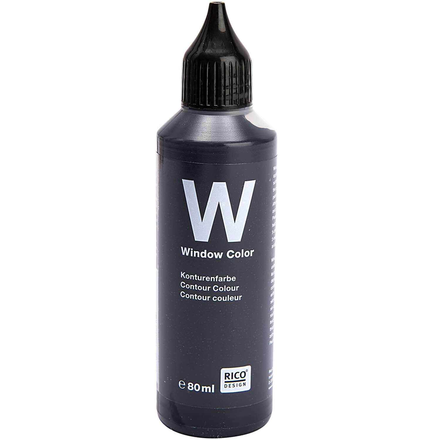Window Color Konturenfarbe schwarz 80ml von Rico Design, schwarze Flasche mit feiner Spitze.
