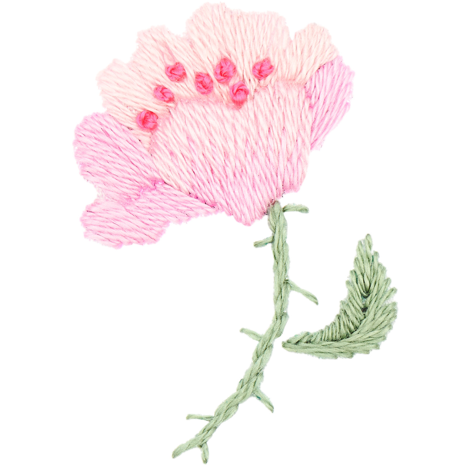 Stick and Stitch Rosen: Gestickte rosa Blume mit grünem Stiel und Blatt, ideal für kreative Projekte.