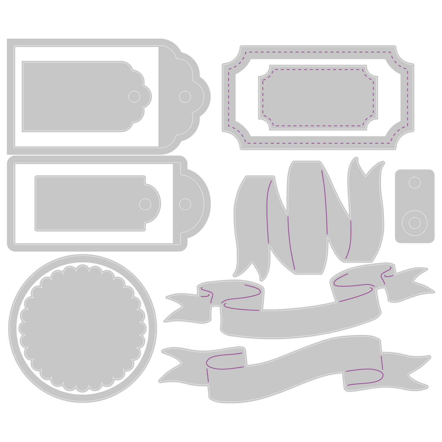 Thinlits Die Set Vintage & Banners 12PK zeigt graue Stanzformen von Sizzix für Etiketten und Banner. Ideal für kreative Bastelprojekte.