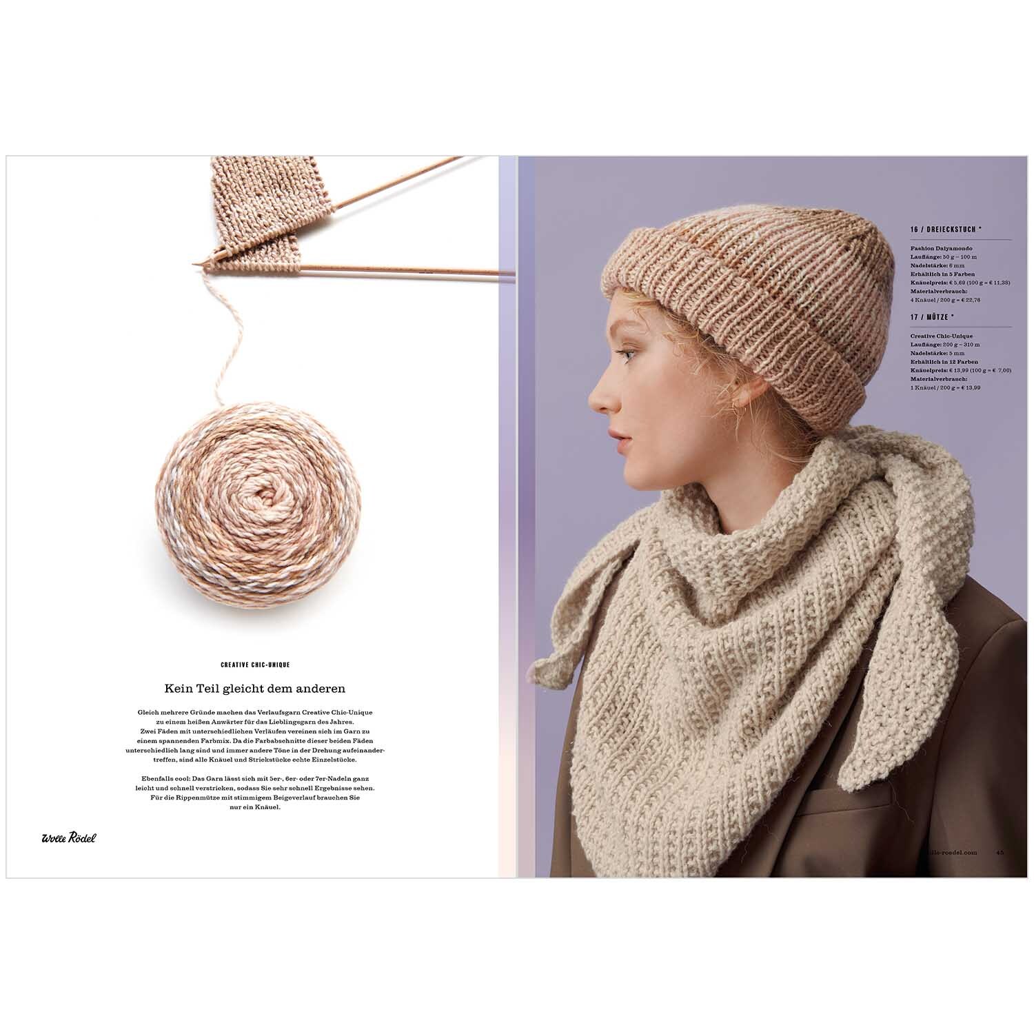 Die Neue Masche Nr. 02 Winter: Frau mit gestrickter Mütze und Schal aus beiger Wolle von Wolle Rödel.