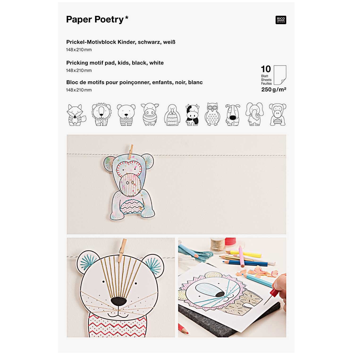 Paper Poetry Prickelblock Tiere zeigt bunte Tiermotive zum Ausmalen und Prickeln auf weißem Papier. Ideal für kreative Kinderprojekte.