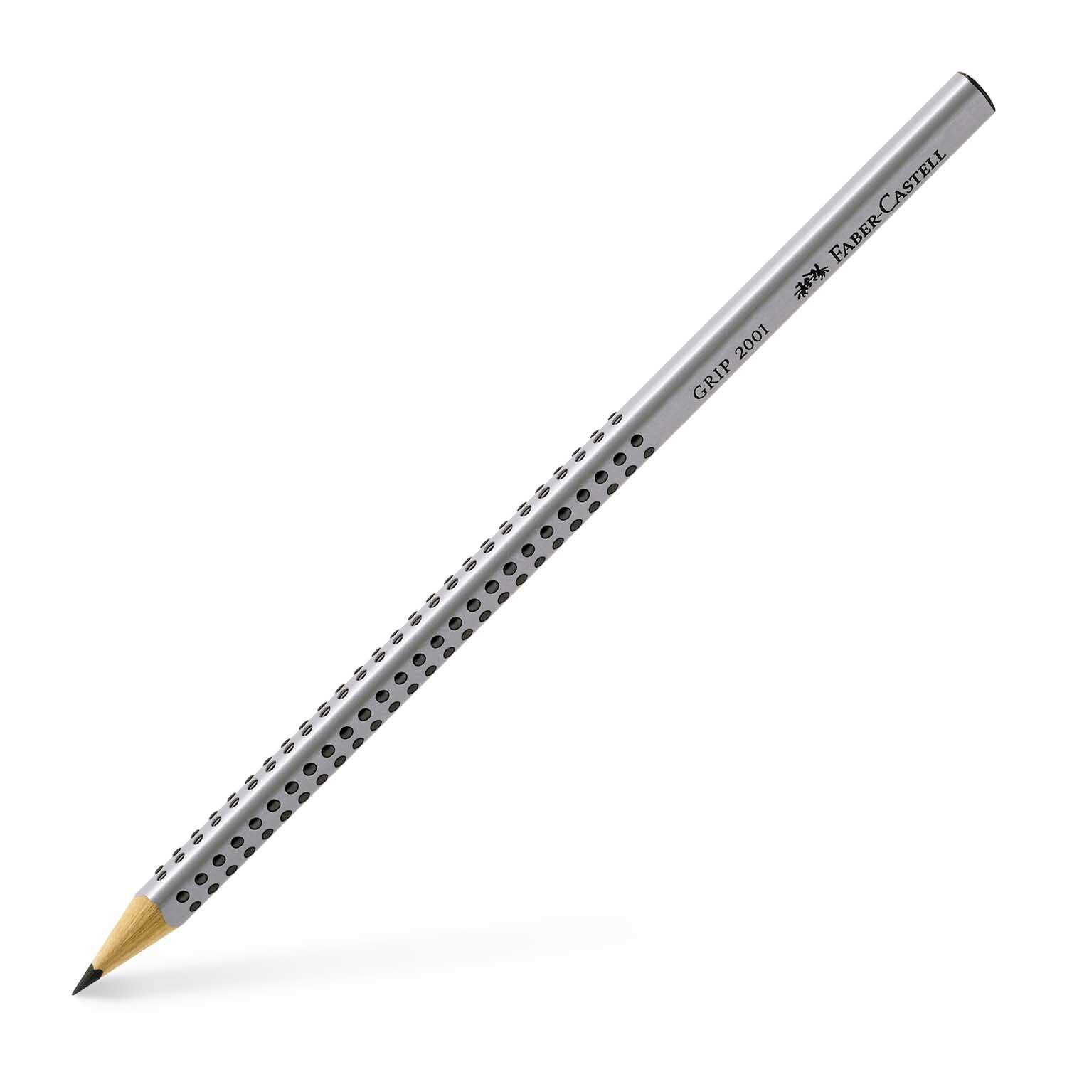 Grip 2001 Bleistift von Faber Castell in Silber mit ergonomischem Design und rutschfesten Noppen. Ideal für präzises Schreiben und Zeichnen.