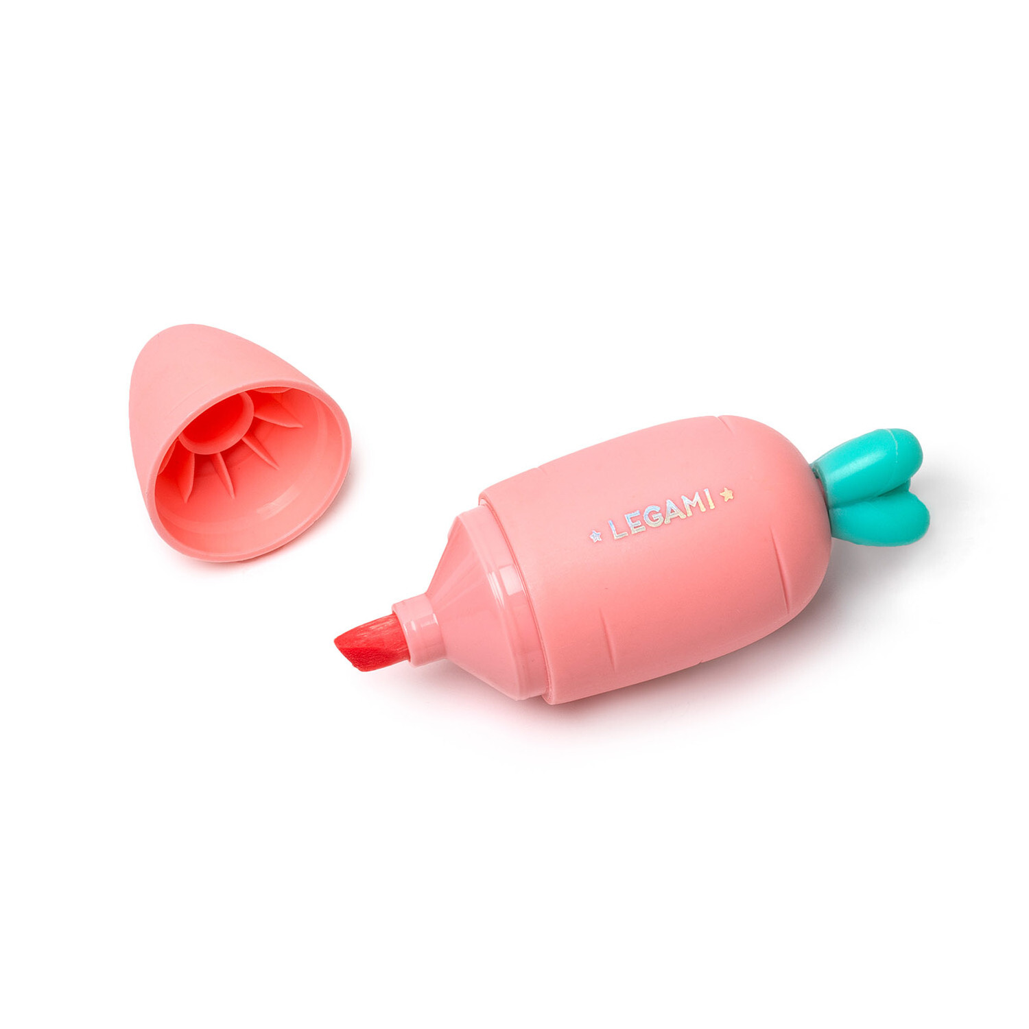 Mini-Textmarker Karotten 6 Stück: Ein geöffneter, karottenförmiger Textmarker in Rosa mit grüner Spitze von Legami.
